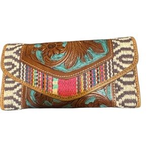 Elegant Brown and Teal Embroidered Clutch
